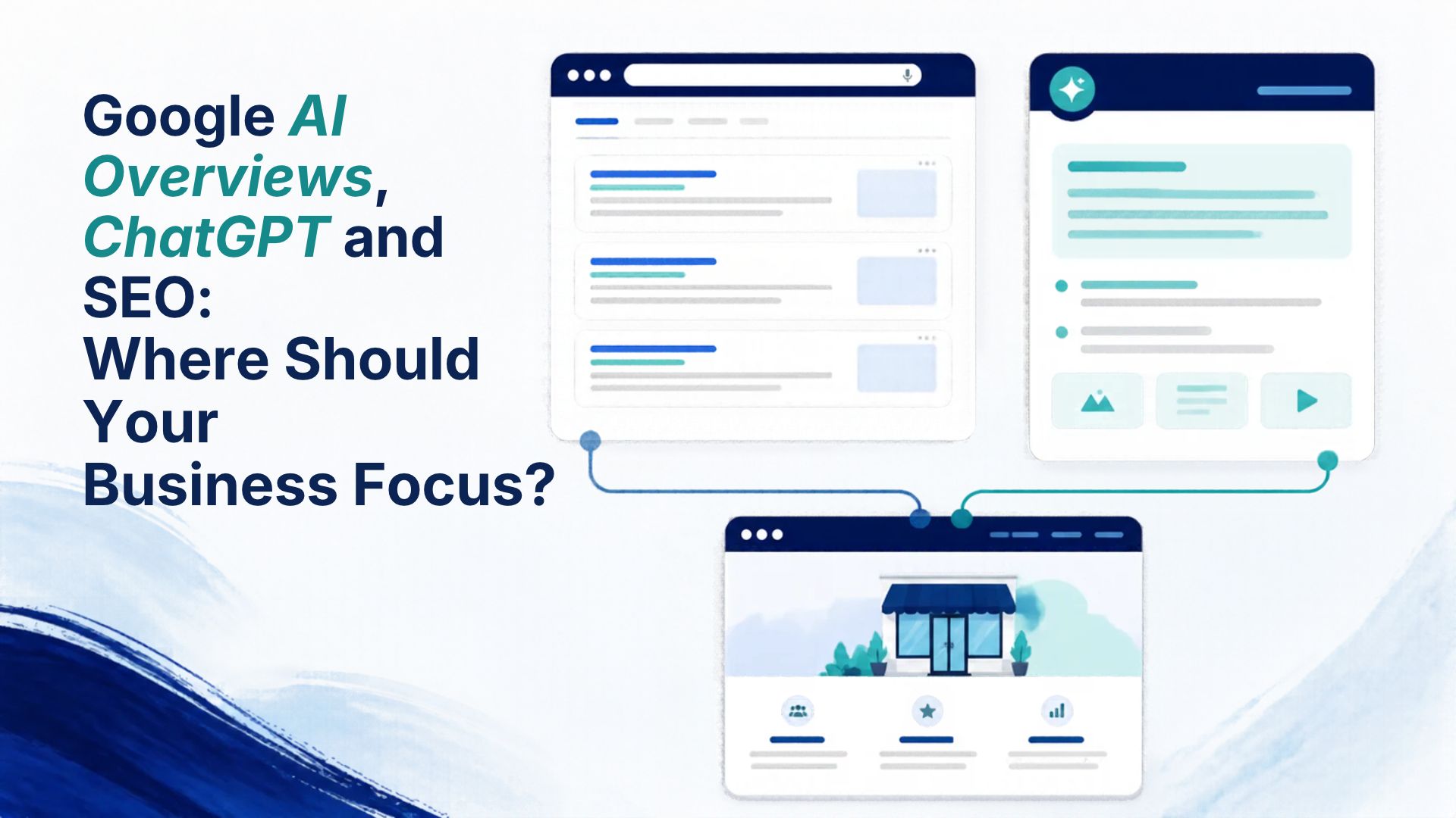 Illustration of a Google search results page and an AI answer panel both connecting to a small business website